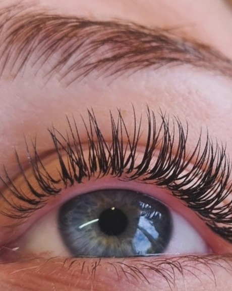 Close-up van een oog met een volle set wimperextensions en verzorgde wenkbrauw