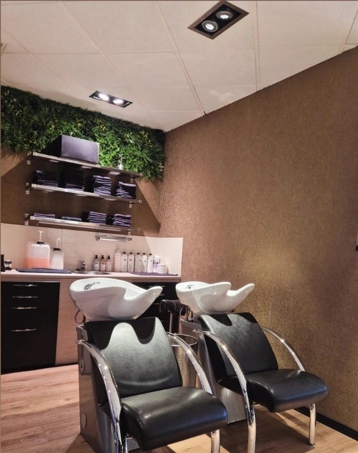 Twee wasbakken met zwarte stoelen voor een groene plantenwand